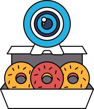 Üzerinde web kamerası olan bir kutu donut masanın üzerinde duruyor. Web kamerası siyah ve beyaz, çörekler yuvarlak ve şeker serpiştirilmiş. Hoşgörü ve rahatlama kavramı