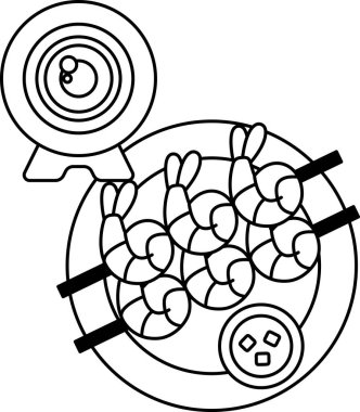 Arka planda kamera olan bir tabak karides. Tabak masanın üstünde.