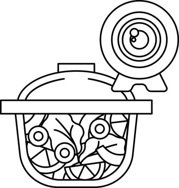 Üstünde kamera olan bir kase salata. Kase domates, zeytin ve portakal da dahil olmak üzere çeşitli sebze ve meyvelerle doludur. Kamera kasenin üstüne yerleştirildi.