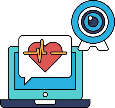 Üzerinde kalp olan bir laptop ve sağında bir kamera. Kalp bir çizgi ile çevrilidir ve kamera kalbin sağ tarafındadır.