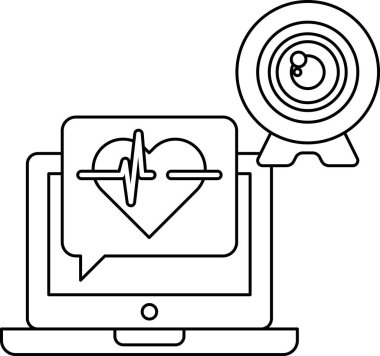 Üzerinde kalp olan bir laptop ve sağında bir kamera. Kalp bir çizgi ile çevrilidir ve kamera kalbin sağ tarafındadır.