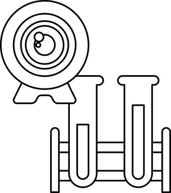 Bir mikroskop ve iki test tüpünün siyah beyaz çizimi. Mikroskop görüntünün sol tarafında ve test tüpleri de sağ tarafta.