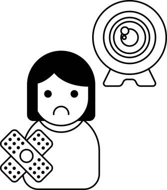 Bir kız bandaj tutuyor ve üzgün görünüyor. Arkasında bir kamera var. Acı çeken bir insan kavramı ve kendine bakmanın önemi.