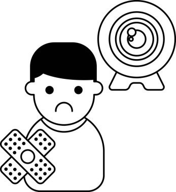 Bir çocuk bandaj tutuyor ve üzgün görünüyor. Arka planda bir kamera var. Üzüntü ve incinebilirlik kavramı