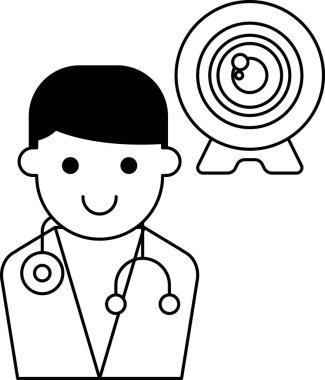 Steteskoplu bir adam gülümsüyor ve kameraya bakıyor. Kamera onun önünde ve ona bakıyor.