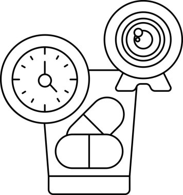 Bir bardakta bir saat ve bir hap şişesi gösterilir. Saat 12: 00 'ye ayarlandı ve ilaç şişesi dolu. Belirli bir zamanda ilaç alma kavramı