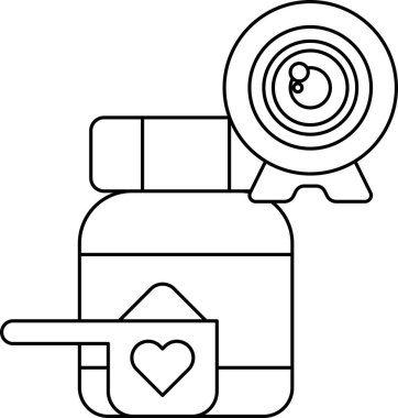 A bottle of medicine with a spoon and a heart on it. The spoon is used to measure the medicine