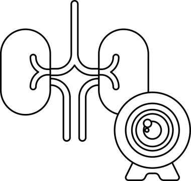 Böbrek ve kameranın siyah beyaz çizimi. Böbrek görüntünün odak noktası, kamera arka planda. Merak ve keşif kavramı