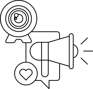 Mikrofonlu bir kamera ve içinden büyük bir ses çıkan bir mikrofon. Kamera solda ve mikrofon sağda.