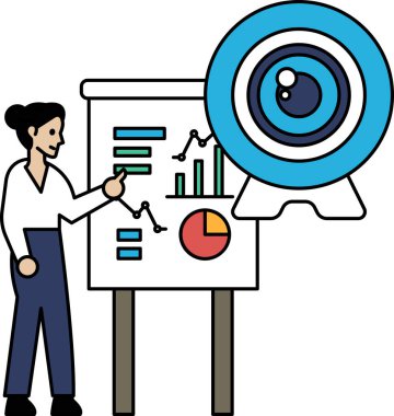 Bir kadın tahtadaki çizelgeye işaret ediyor. Çizelge sayılar ve grafiklerle dolu. Kadın çizelgeyi başka birine anlatıyor.