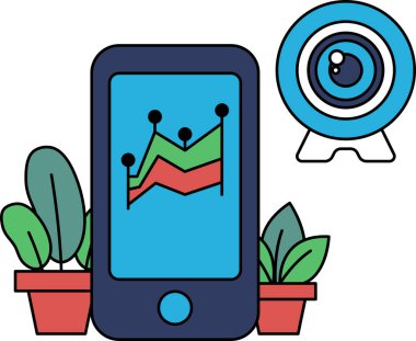 Üzerinde kamera uygulaması olan bir telefon saksı bitkisinin yanında. Telefon ekranında bir grafik gösteriyor.