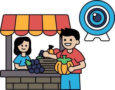 Bir adam ve bir kadın bir meyve standının önünde duruyorlar. Adam bir balkabağı tutuyor ve kadın da bir demet üzüm tutuyor. Sahne bir pazarda geçiyor ve ortam neşeli ve dost canlısı.