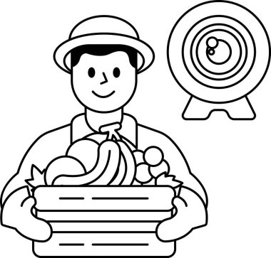 Bir adam bir sepet meyve ve sebze tutuyor. Gülümsüyor ve mutlu. Neşe ve pozitiflik kavramı, insanın taze ürünlerle çevrili olması gibi.