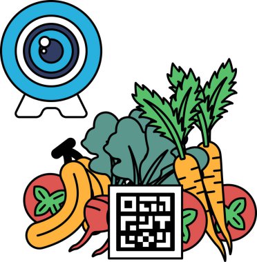 Arka planda sebze bahçesi olan bir kameranın siyah beyaz çizimi. Kamera sebzeleri gösteriyor ve sebzeler bahçenin etrafına saçılmış.