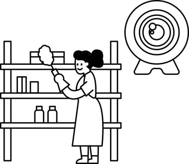 Bir kadın bir şişe Windex ile rafı temizliyor. Şişe rafın sol tarafında.