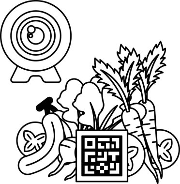 Arka planda sebze bahçesi olan bir kameranın siyah beyaz çizimi. Kamera sebzeleri gösteriyor ve sebzeler bahçenin etrafına saçılmış.