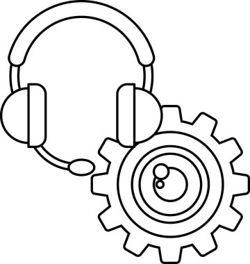 Üstünde kulaklık olan siyah beyaz bir vites çizimi. Teçhizat ortasında küçük bir delik olan bir daire ile çevrilidir. Çizim, iletişim ve teknoloji fikrini aktarıyor.