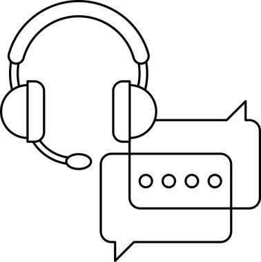 Mikrofonlu bir kulaklığın siyah beyaz görüntüsü ve klavyeli bir konuşma balonu. İletişim kavramı ve net ve etkili iletişimin önemi