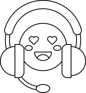 Kafasında kulaklık ve yüzünde kalp olan bir çizgi film karakteri. Karakter gülümsüyor ve mutlu.