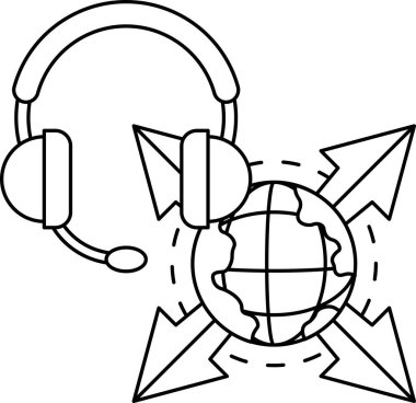 Üstünde kulaklık olan bir küre çizimi. Küre farklı yönlere bakan oklarla çevrili.