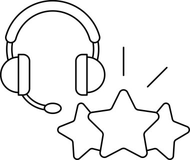 Bir yıldız ve üç yıldızlı bir kulaklığın siyah beyaz çizimi. Çizimde üzerinde mikrofon ve yıldız olan bir kulaklık var. Üç yıldız kulaklığın etrafına konur.