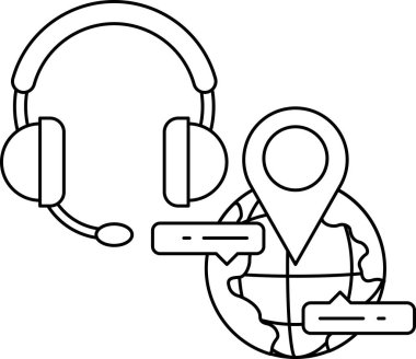 Siyah beyaz bir kulaklık ve üzerinde harita olan bir küre çizimi. Çizim, iletişim ve küresel bağlantı fikrini aktarıyor