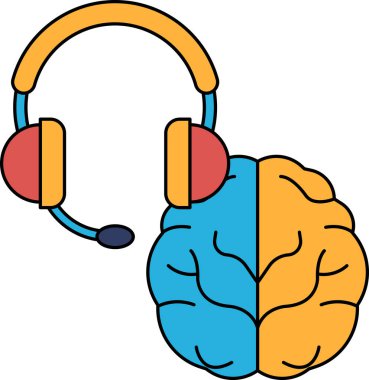 Üzerinde kulaklık olan bir beyin. Beyin zekanın sembolüdür ve kulaklık iletişimin sembolüdür. İletişim ve zekayı geliştirmek için teknolojiyi kullanma kavramı
