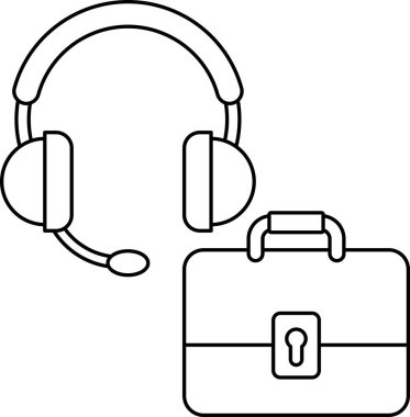Bir kulaklık ve evrak çantasının siyah beyaz çizimi. Evrak çantası açık ve kulaklık üstünde.