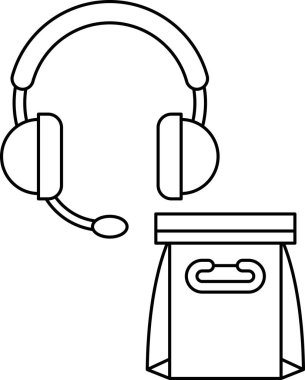 Beyaz ve siyah bir kulaklık ve çanta çizimi. Çanta bir beslenme çantası ve kulaklık da bir mikrofon. Çizim, birinin iş ya da okul için bir gün hazırlanması fikrini ortaya koyuyor.