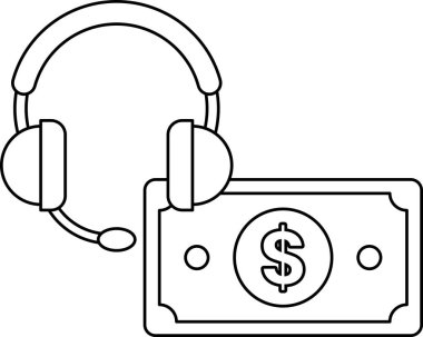 Üzerinde dolar işareti olan bir dolar banknotu bir kulaklığın yanındadır. Dolar olarak ödeme yapılırken iletişim kurmak için kulaklık kullanan kişi kavramı