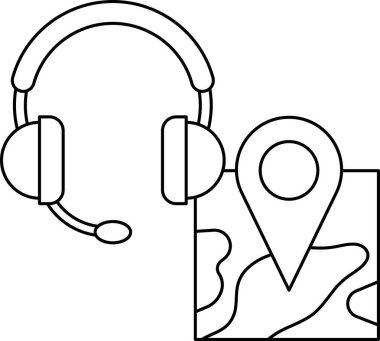 Bir kulaklık ve haritanın siyah beyaz çizimi. Harita, ortasında nokta olan bir şehrin basit bir taslağıdır. Çizim iletişim ve seyrüsefer fikrini aktarıyor.
