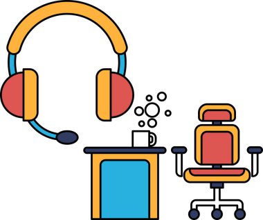 Siyah beyaz bir masa, bir kulaklık ve bir fincan kahve. Çizim, odaklanma ve üretkenlik hissi veriyor.