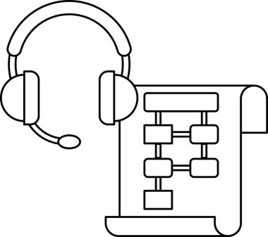 Beyaz bir kulaklık ve üzerinde diyagram olan bir kağıt parçası. Çizim, iletişim ve organizasyon fikrini aktarıyor.