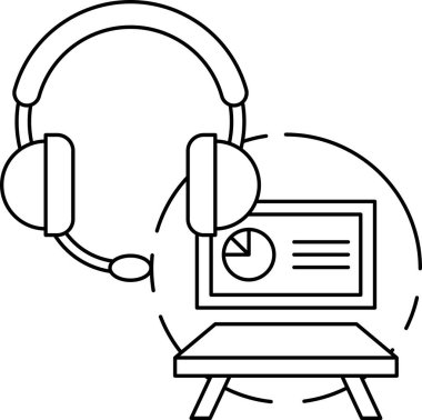 Bir bilgisayar monitörü ve kulaklığın siyah beyaz çizimi. Bu resim, kulaklık takan ve bilgisayar monitörünün önünde oturan birinin çizimi. Bilgisayarda çalışan bir kişi kavramı