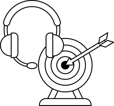 Kulaklığı, yayı ve oku olan bir hedefin siyah beyaz çizimi. Çizim, bir hedef veya hedefe nişan alma ve kulaklık ve selam verme fikrini aktarıyor.