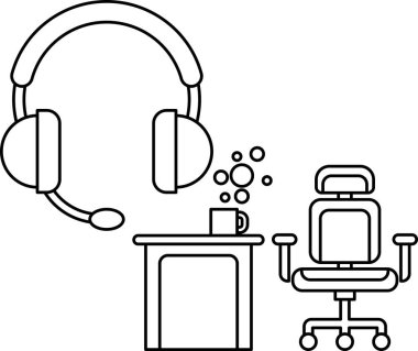 Siyah beyaz bir masa, bir kulaklık ve bir fincan kahve. Çizim, odaklanma ve üretkenlik hissi veriyor.