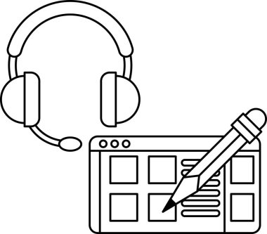 Kulaklık takan ve elinde kalem tutan birinin siyah beyaz çizimi. Çizim, yaratıcılık ve odaklanma fikrini aktarıyor.