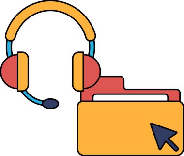 Üzerinde fare imleci olan bir klasör ve kulaklık olan beyaz bir arkaplan. Dizin 