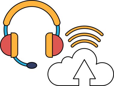 Bir kulaklığın beyaz ve siyah çizimi ve yukarı bakan bir ok ile bir bulut. Çizim, teknoloji ve iletişim fikrini aktarıyor.