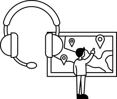 Bir adam ekrandaki haritayı işaret ediyor. Adam bir kulaklık takıyor ve haritaya bakıyor. Yönlendirmek ya da yolunu bulmak için teknolojiyi kullanan biri.