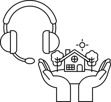 Bir ev ve ağaç tutan bir çift el. Ev ağaçlarla çevrili ve eller onu tutuyor. Ev ve çevre için koruma ve bakım kavramı