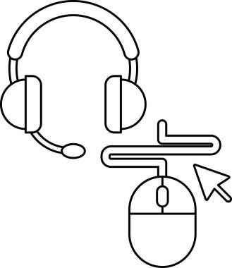Bir kulaklık ve bir bilgisayar faresinin siyah beyaz çizimi. Fare kulaklığı işaret ediyor, kullanıcının fareyi kontrol etmek için kulaklığı kullandığını gösteriyor.