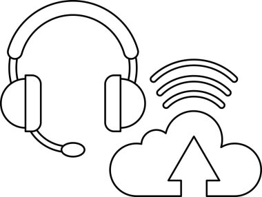 Bir kulaklığın beyaz ve siyah çizimi ve yukarı bakan bir ok ile bir bulut. Çizim, teknoloji ve iletişim fikrini aktarıyor.