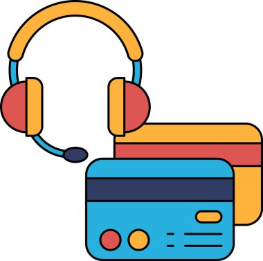 Siyah beyaz bir kulaklık, bir kredi kartı ve bir mikrofon çizimi. Profesyonel ortam kavramı, çağrı merkezi ya da kayıt stüdyosu gibi. Kulaklık kullanımı.