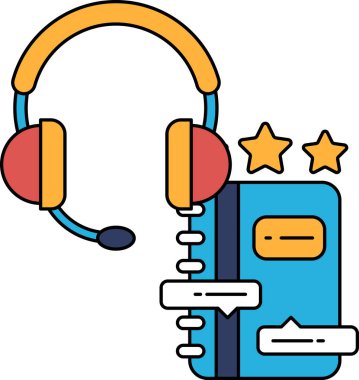 Siyah beyaz bir kulaklık ve üzerinde yıldız olan bir kitap. Çizim, iletişim ve öğrenme fikrini aktarıyor.