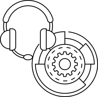 Üstünde kulaklık olan siyah beyaz bir vites çizimi. Çizim, teknoloji ve iletişim fikrini aktarıyor.
