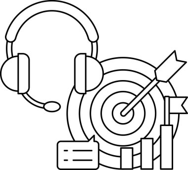 Siyah beyaz bir kulaklık ve hedef tahtası çizimi. Bu resim, kulaklık takan ve hedefe nişan alan birinin çizimi. Odaklanma ve konsantrasyon kavramı