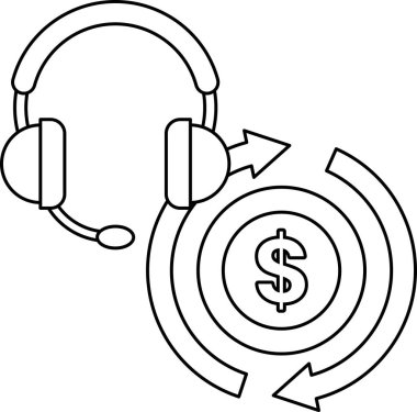 Çemberin merkezinde üzerinde kulaklık olan bir dolar işareti gösterilir. Dolar işareti farklı yönlere bakan oklarla çevrili bir daire ile çevrilidir.