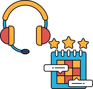 Yanında bir yıldız ve mikrofon olan siyah beyaz bir kulaklık çizimi. Sahne profesyoneldir ve iletişim ve üretkenliğe odaklanmıştır.