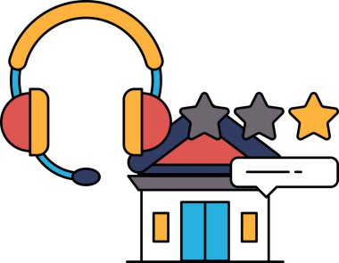 Üzerinde yıldız ve kulaklık olan bir bina. Bina bir otel. Bu görüntünün amacı bir otel fikrini ve iletişimin önemini aktarmak.